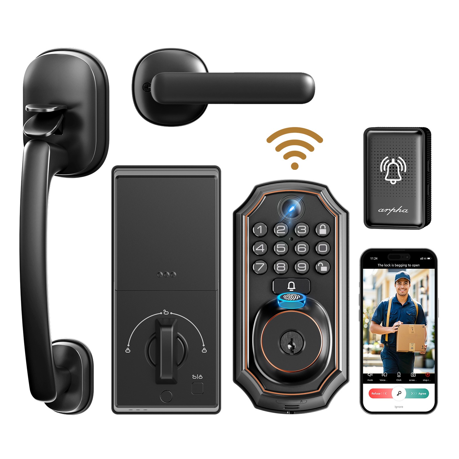 ARPHA Keyless Smart Door Lock Fingerprint WiFi APP Video Camera Doorbell+Handle gallery