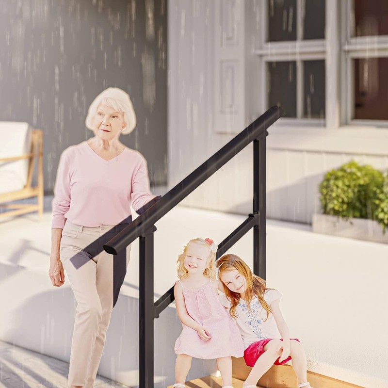 Black 3 Step Straight Handrail for Outdoor Steps Stair Railing Kit gallery
