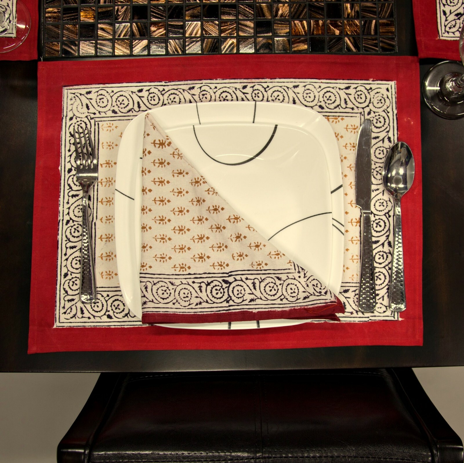 Hand Block Print Cotton Bagru Buti Geometric Table Napkin Table Linen Red gallery