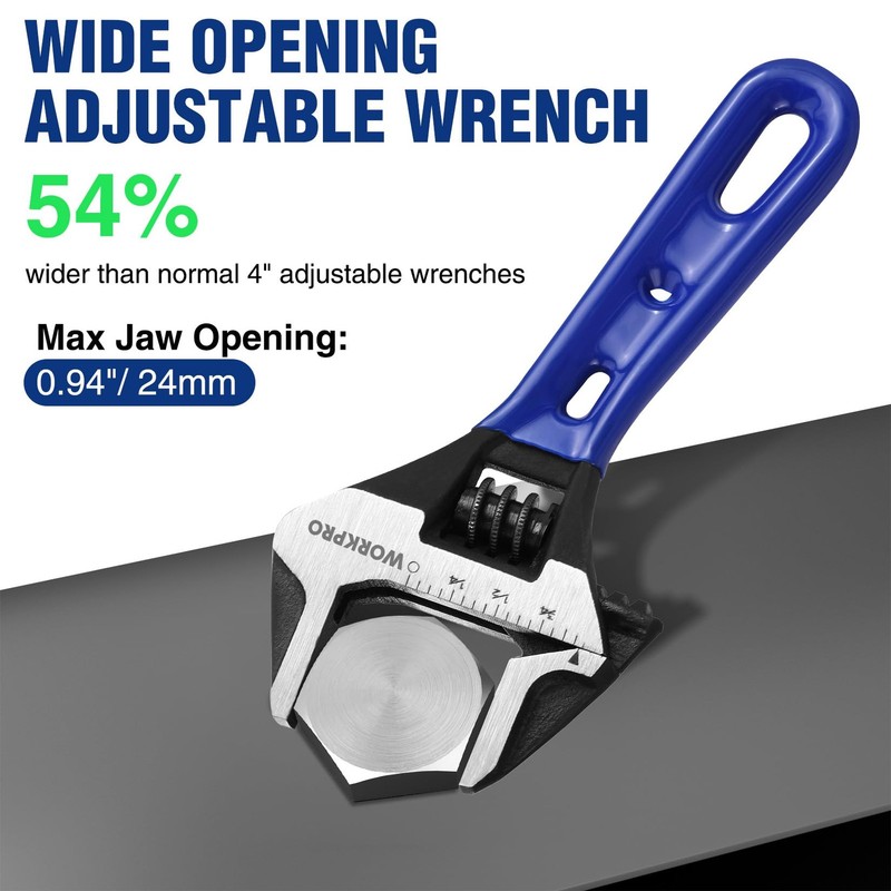 WORKPRO 4-inch Stubby Adjustable Wrench Extra Wide Jaw Opening Wrench Metric/SAE gallery