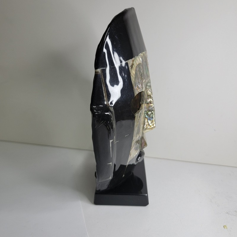 MCM Black Obsidian & Abalone Shell Inlay Mask Sculpture on Black Weighted Base gallery