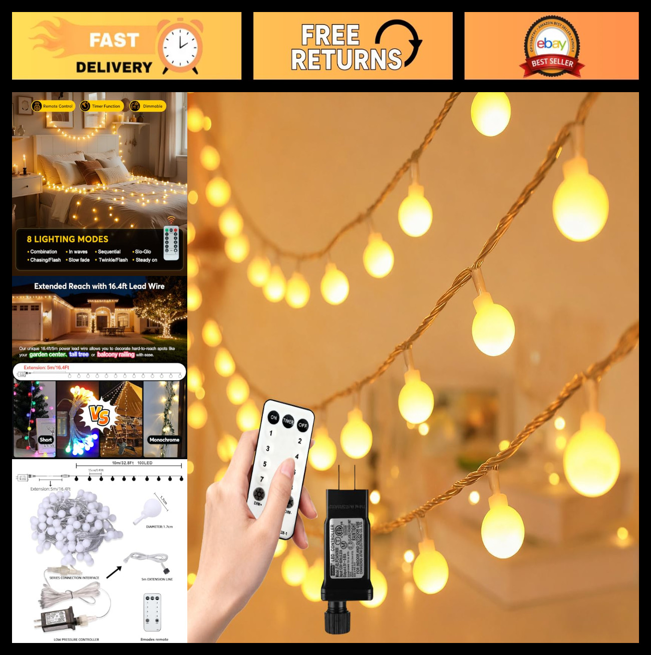49.2ft Globe String Lights - 100 LED Warm White, Remote, 8 Modes, IP44 Waterproo gallery
