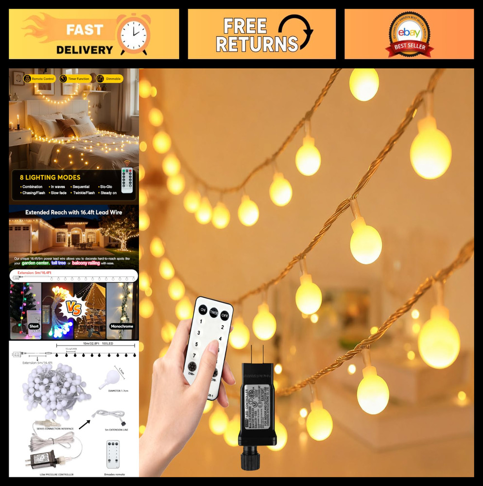49.2ft Globe String Lights - 100 LED Warm White, Remote, 8 Modes, IP44 Waterproo