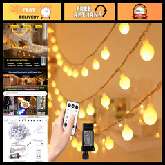 49.2ft Globe String Lights – 100 LED Warm White, Remote, 8 Modes, IP44 Waterproo