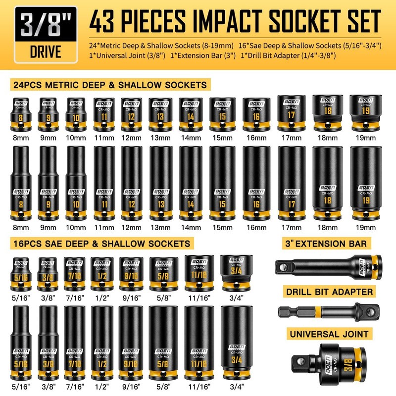 Pro 3/8" Drive Impact Socket Set, 43-Piece SAE(5/16"-3/4") & Metric(8-19mm) set gallery