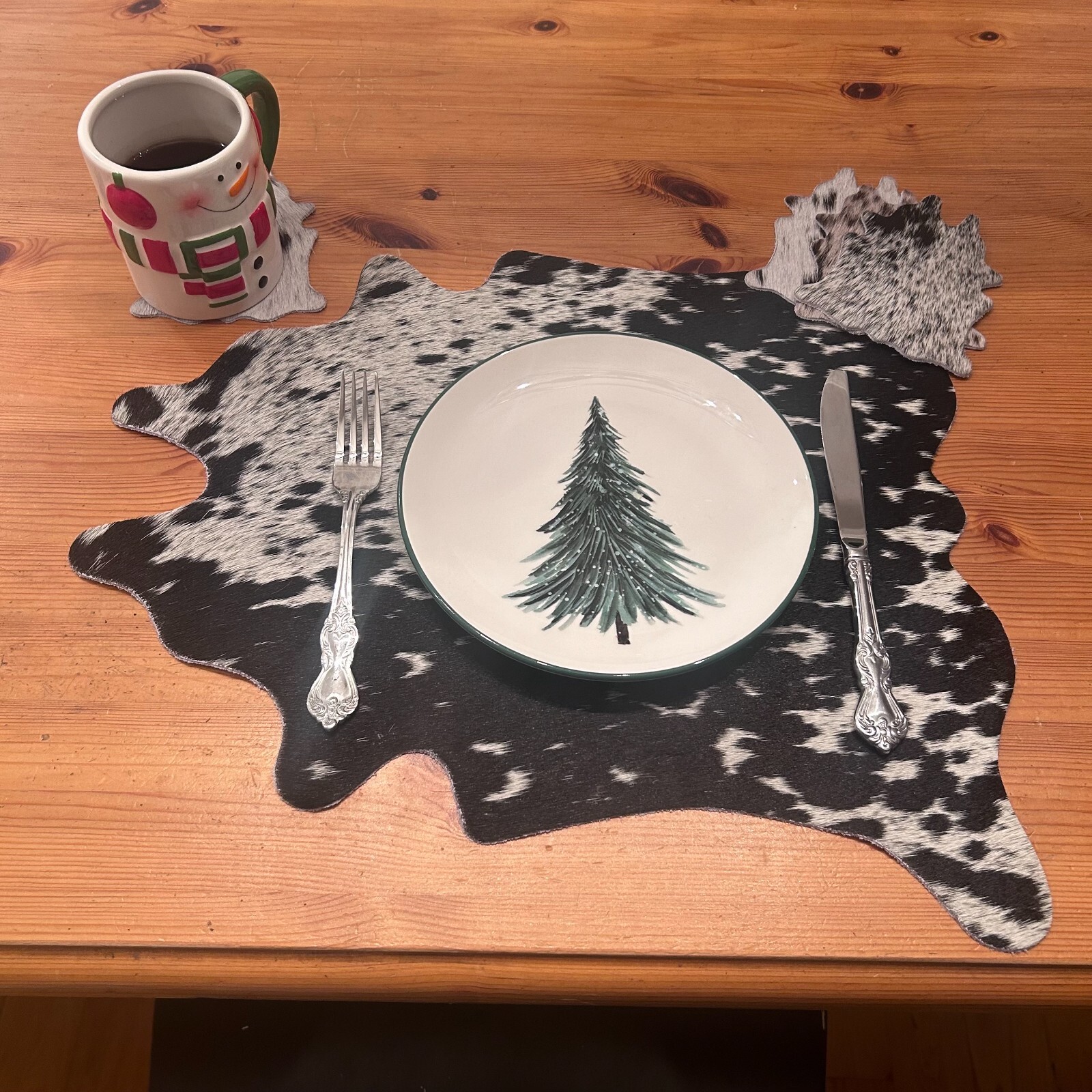 Cowhide Place Mat and Coaster Set - Grey, Black and White Size: 19X17 inch gallery