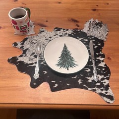 Cowhide Place Mat and Coaster Set – Grey, Black and White Size: 19X17 inch