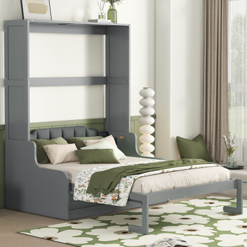 Queen Size Murphy Bed w/ Cushion Modern Wood Wall Bed Sofa Chair for Living Room gallery