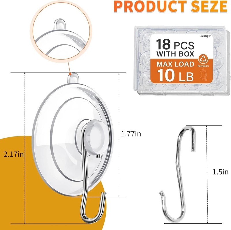 18 Pack Suction Cup Hooks Max Load 10LB, 1.77Inch Suction Cup Hook for Glass Win gallery