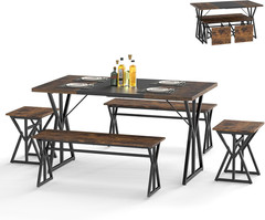 Space-Saving 5-Piece Dining Set for 4-6 with Benches and Stools, 55-Inch Table