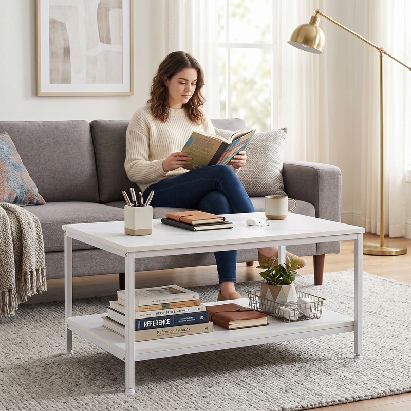 31'' Rectangle White Coffee Table with Storage Shelf Metal Feet for Living Room gallery