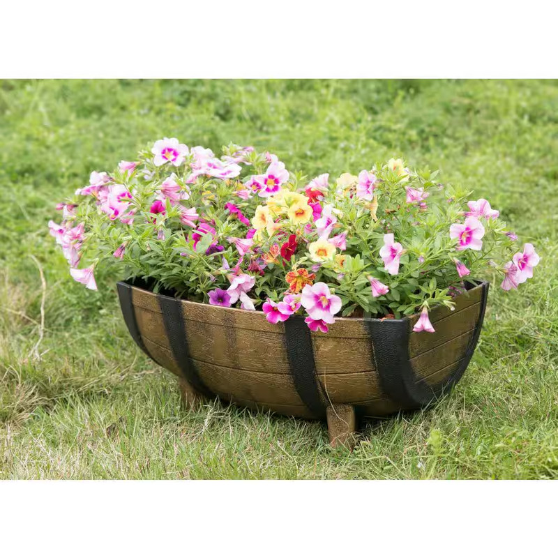 Rustic Wood-Look Plastic Half Barrel Flower Pot Garden Planter (Pack of 2) gallery