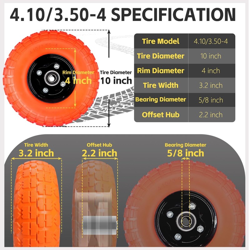 Flat Free Solid Polyurethane Tire & Wheel, 10" for Wheelbarrows & Carts 4 Pack gallery