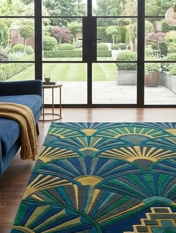 Art Deco Fan Pattern Hand Tufted Wool Area Rug – Blue Green Geometric Luxury Rug gallery