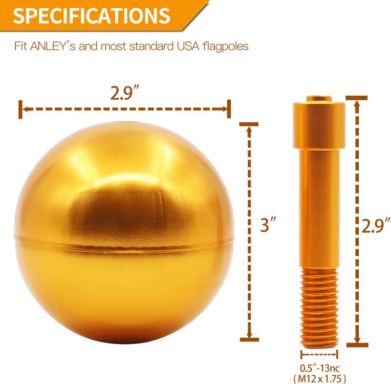 Anley Authentic 3" Flagpole Ball Topper Ornament - Gold Anodized Aluminum Finish gallery