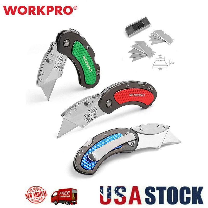 WORKPRO 3PC Folding Utility Knife Set Quick Change/Back-lock w/10PC Extra Blades gallery