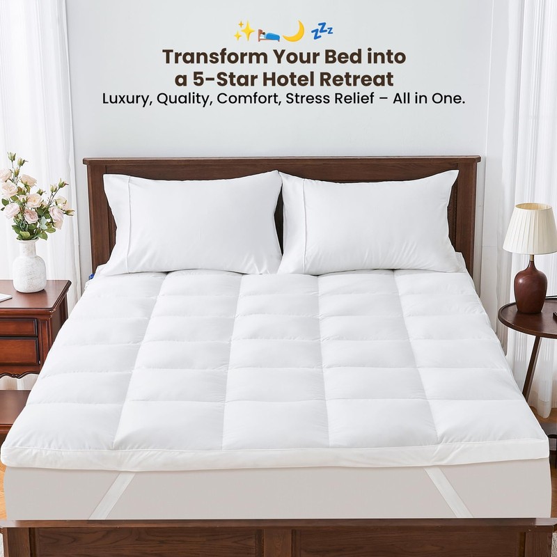 Dual Layer Goose Feather Down Mattress Topper Queen, White Feather Bed Topper... gallery