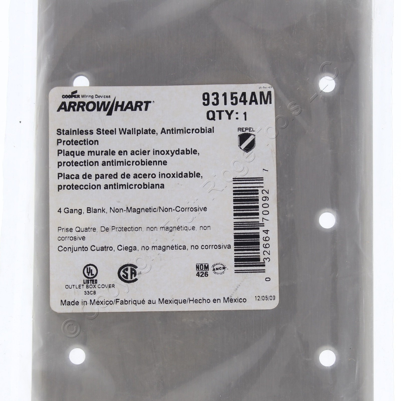 Cooper AH93154AM Antimicrobial Stainless Steel 4-Gang Blank Cover Wallplate gallery