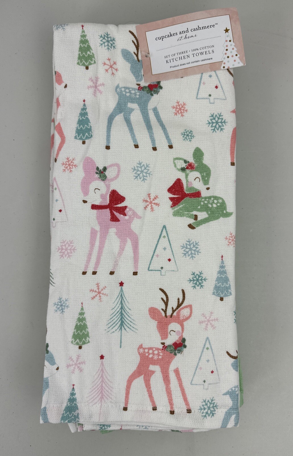 Cupcakes & Cashmere 3-Pack Kitchen Towel Set Christmas Deer & Trees Green & Pink gallery