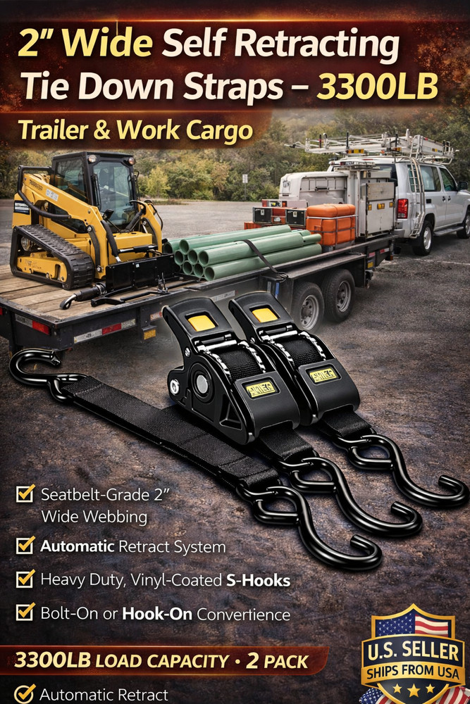 Trailer & Work Cargo Self Retracting Tie Down Straps – 3300LB 2" Wide (Pair)