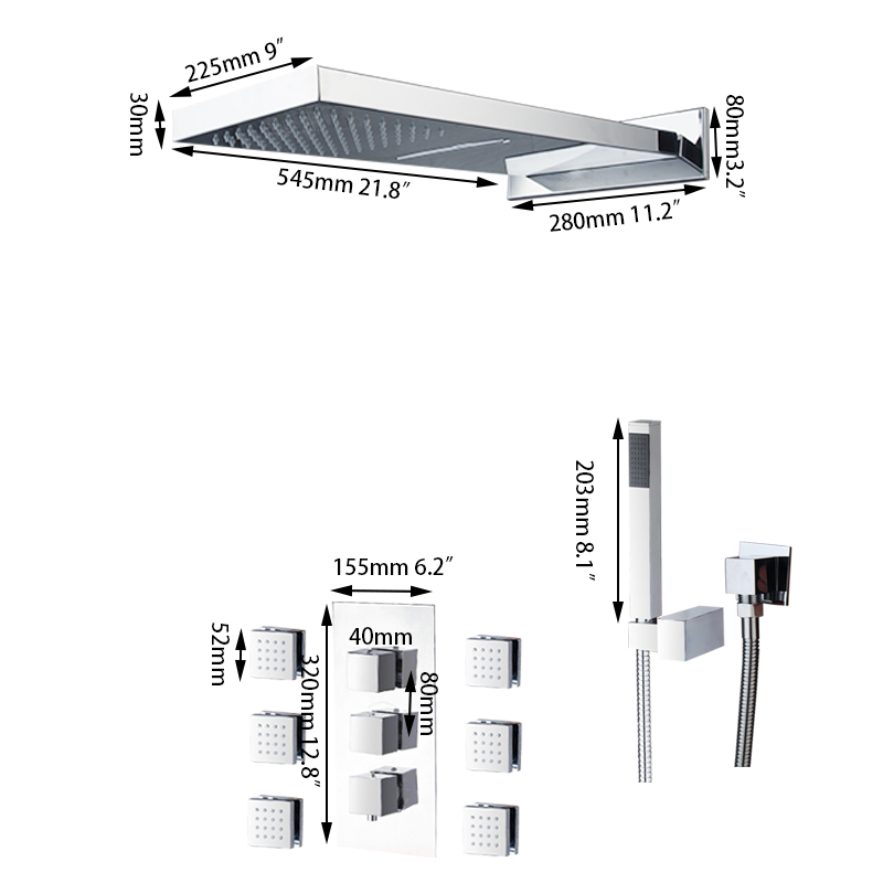 Chrome Rain Shower Faucet Set Rectangle Head 6 Body Massage Spray Jets Mixer Tap gallery