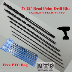 7 Pc 12″ Long Brad Point Drill Bits 1/8 5/32 1/4 5/16 3/8 1/2 Wood Hole Free Bag