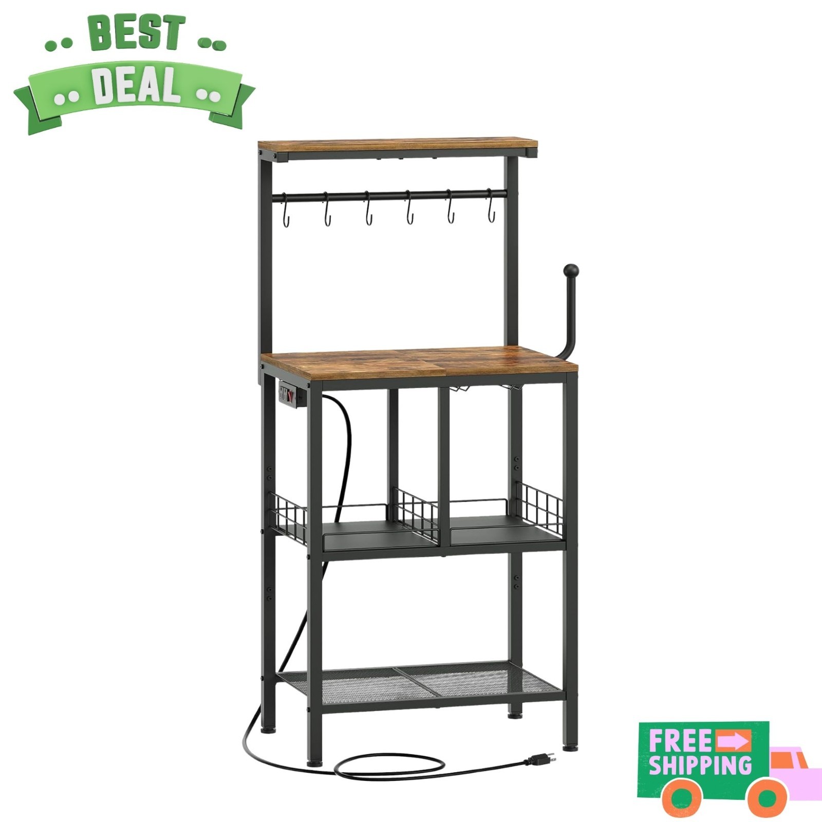 NEW Bakers Rack with Power Outlet 4 Tier Microwave Stand Coffee Bar Station gallery
