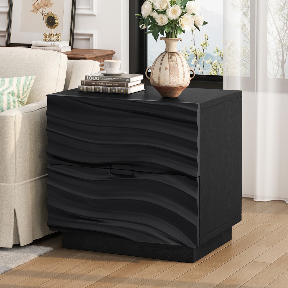Solid Wood Nightstand with 2 Drawers, No Handle Bedside Table, Brown