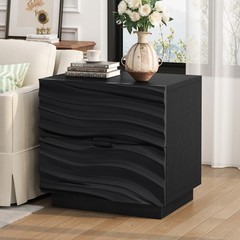 Solid Wood Nightstand with 2 Drawers, No Handle Bedside Table, Brown