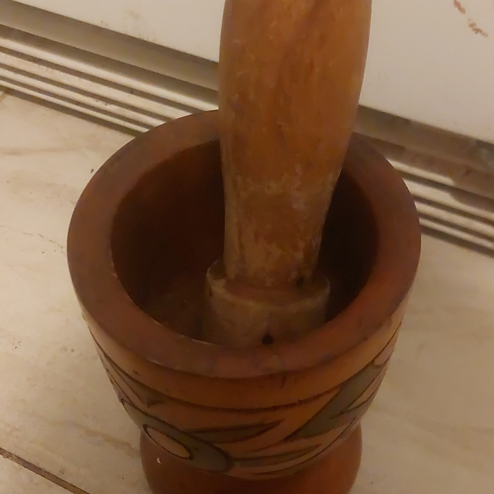 Wood Mortar & Pestle Set, Medium Brown Wood, Floral Carved Pattern gallery