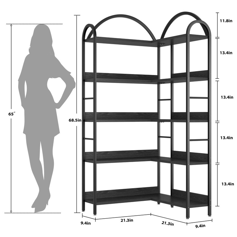 5-Tier Large Arched L-Shaped Corner Bookcase Storage Display Shelf Black gallery