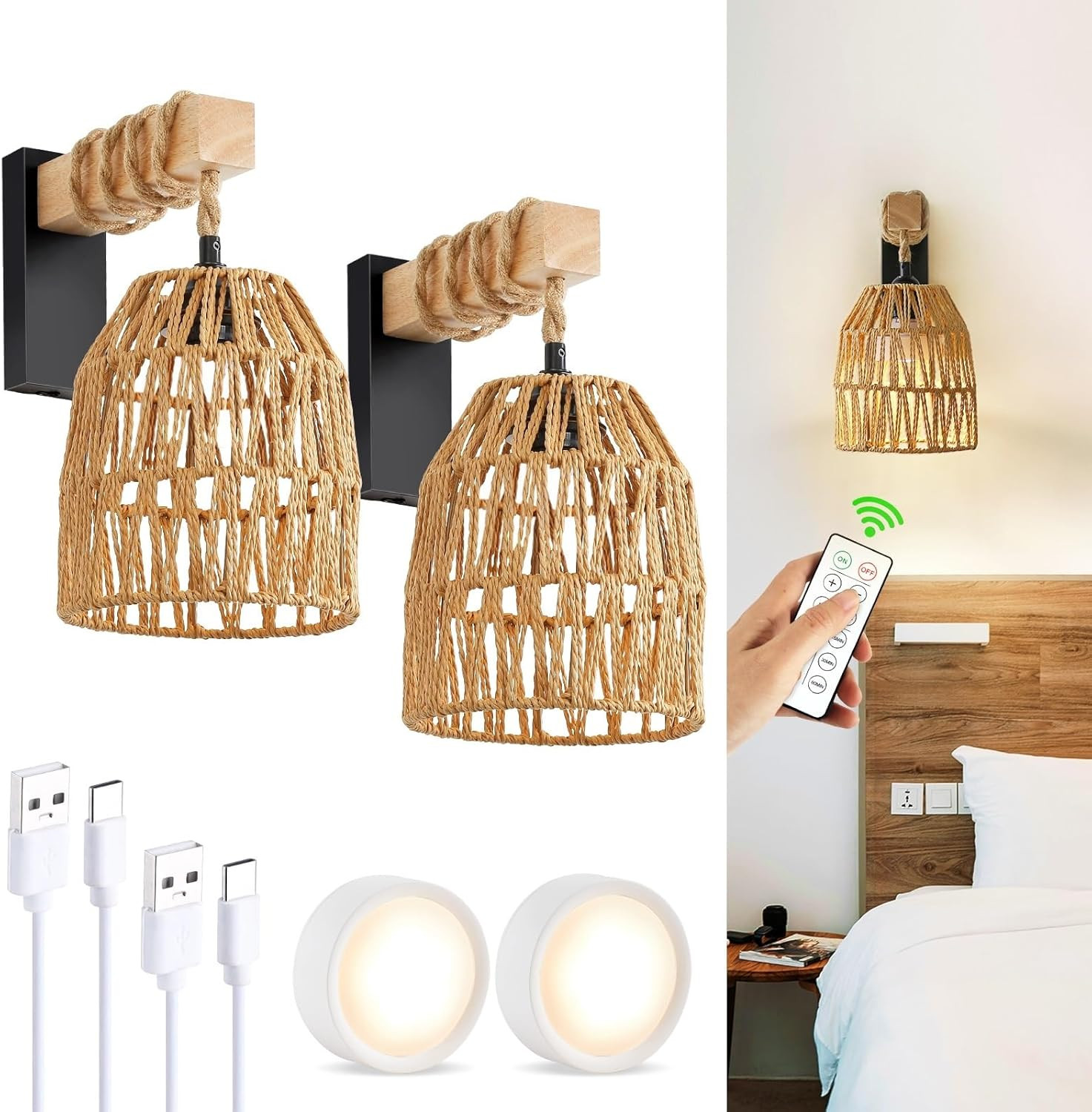 Rechargeable Rattan Wall Sconces with Remote, Set of 2 for Home Decor gallery