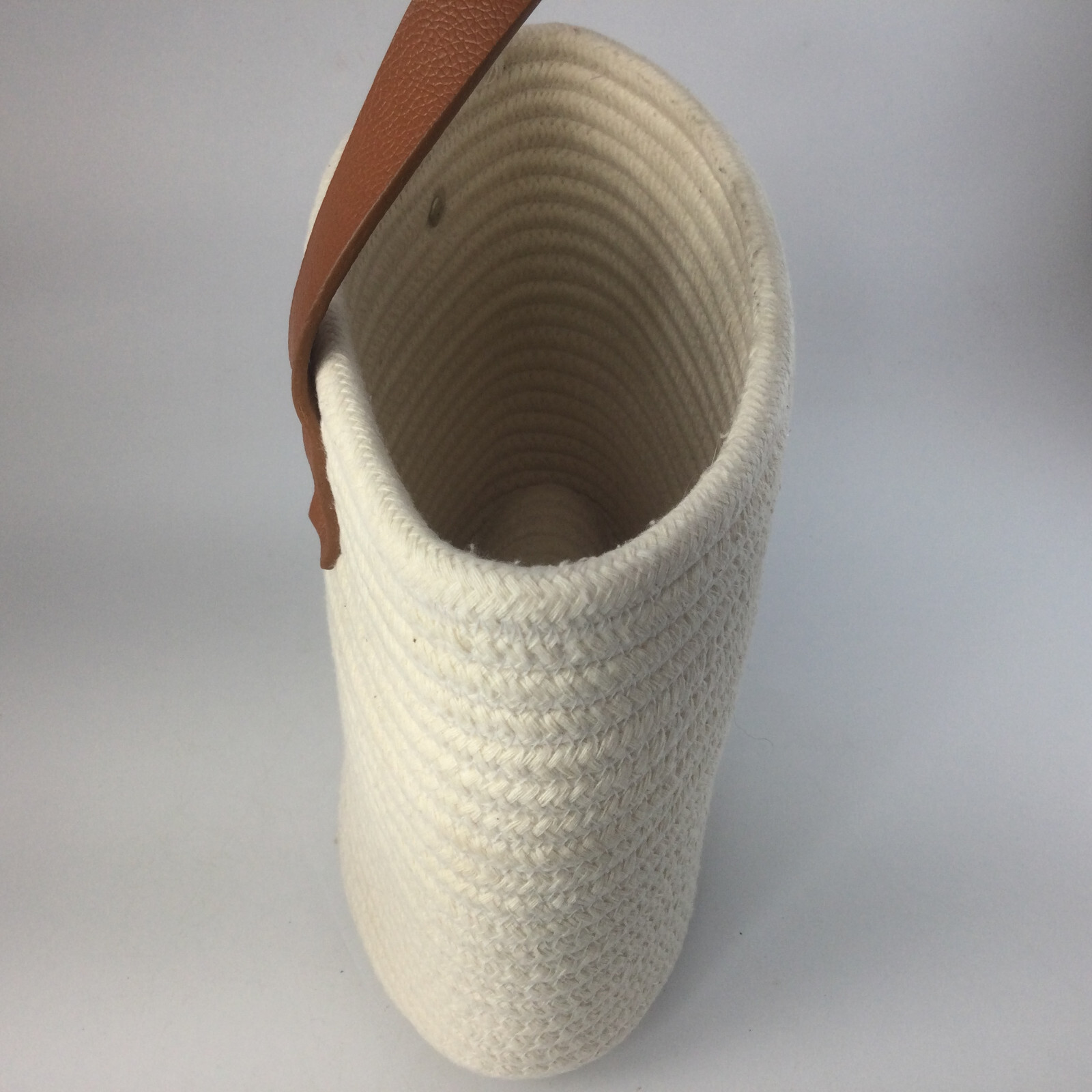 Wall Hanging Storage Basket 8" x 9" White Cotton Rope with Leather Handle gallery