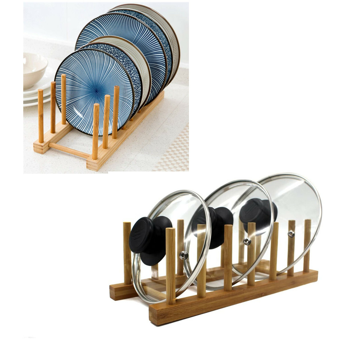 Bamboo Wooden Dish Rack, Plate Rack Stand Pot Lid Holder, Kitchen Organizer gallery