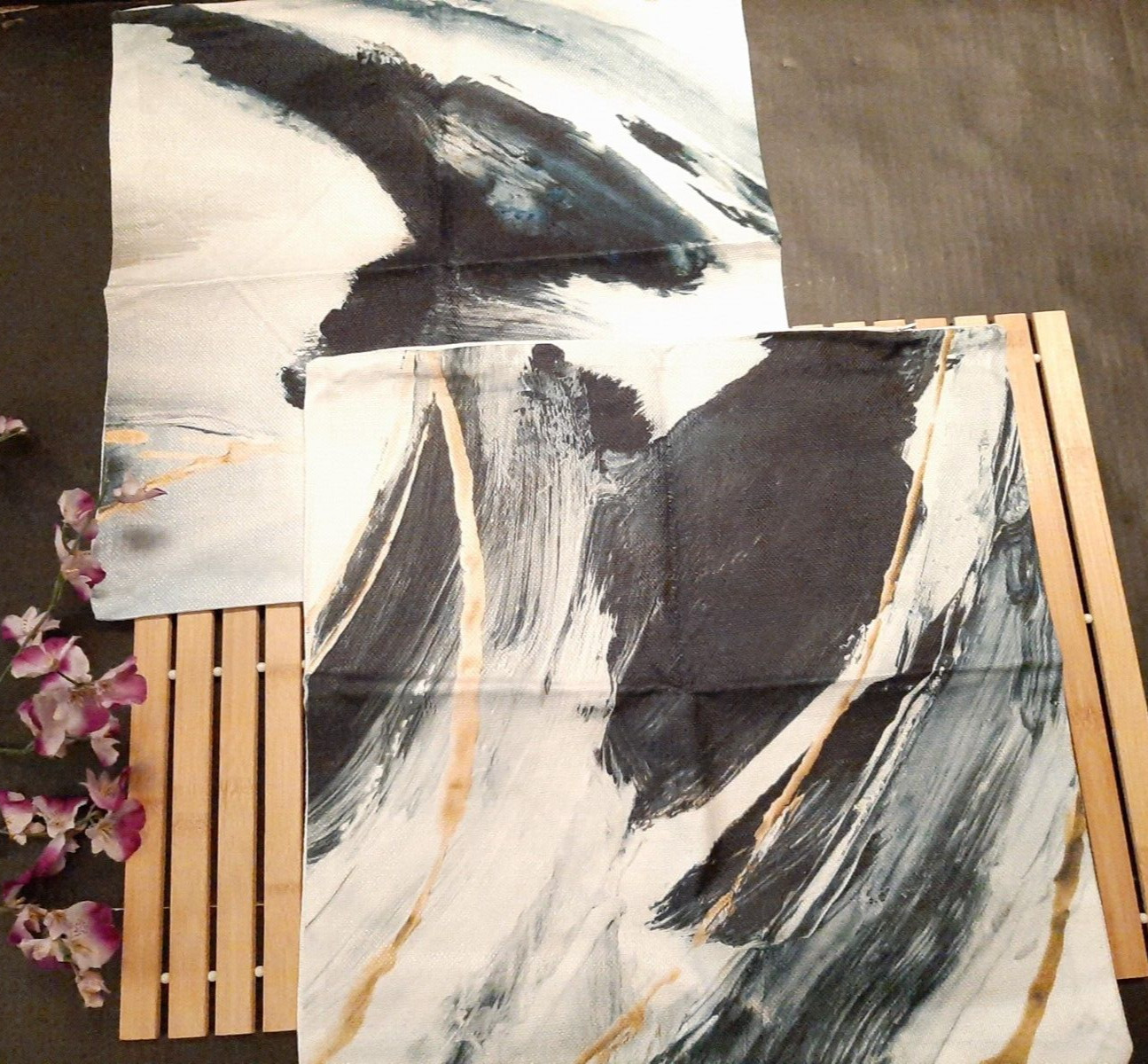 Pair 18 x 18 MARBLE ABSTRACT LINEN PILLOW COVERS Black, Gray, Blue, Gold NEW M06 gallery