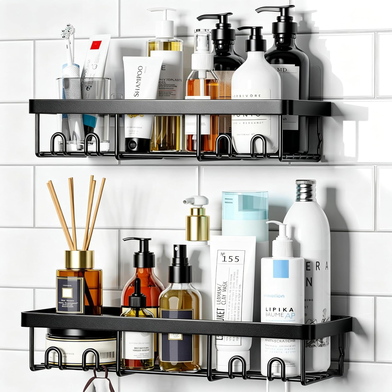 Wall Mounted Shower Caddy Shelf Organizer Black Adhesive Bathroom Storage Rack gallery
