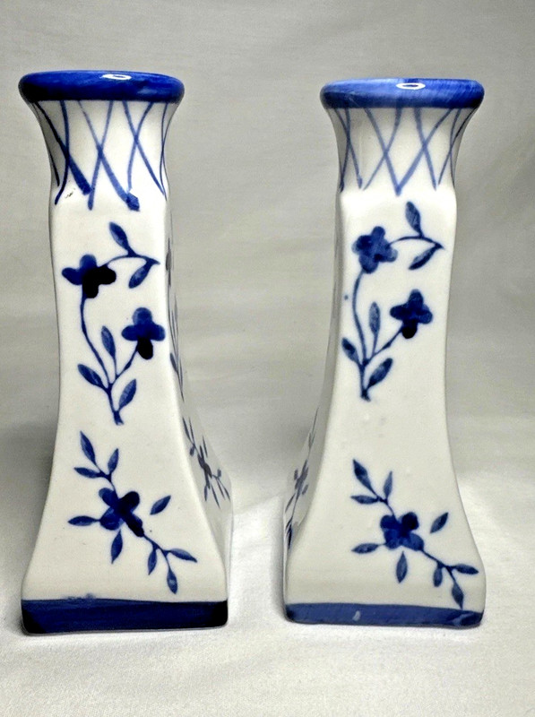 Two Pillar Candlestick Holders 5" Cobalt Blue Delft Floral Porcelain Ceramic gallery