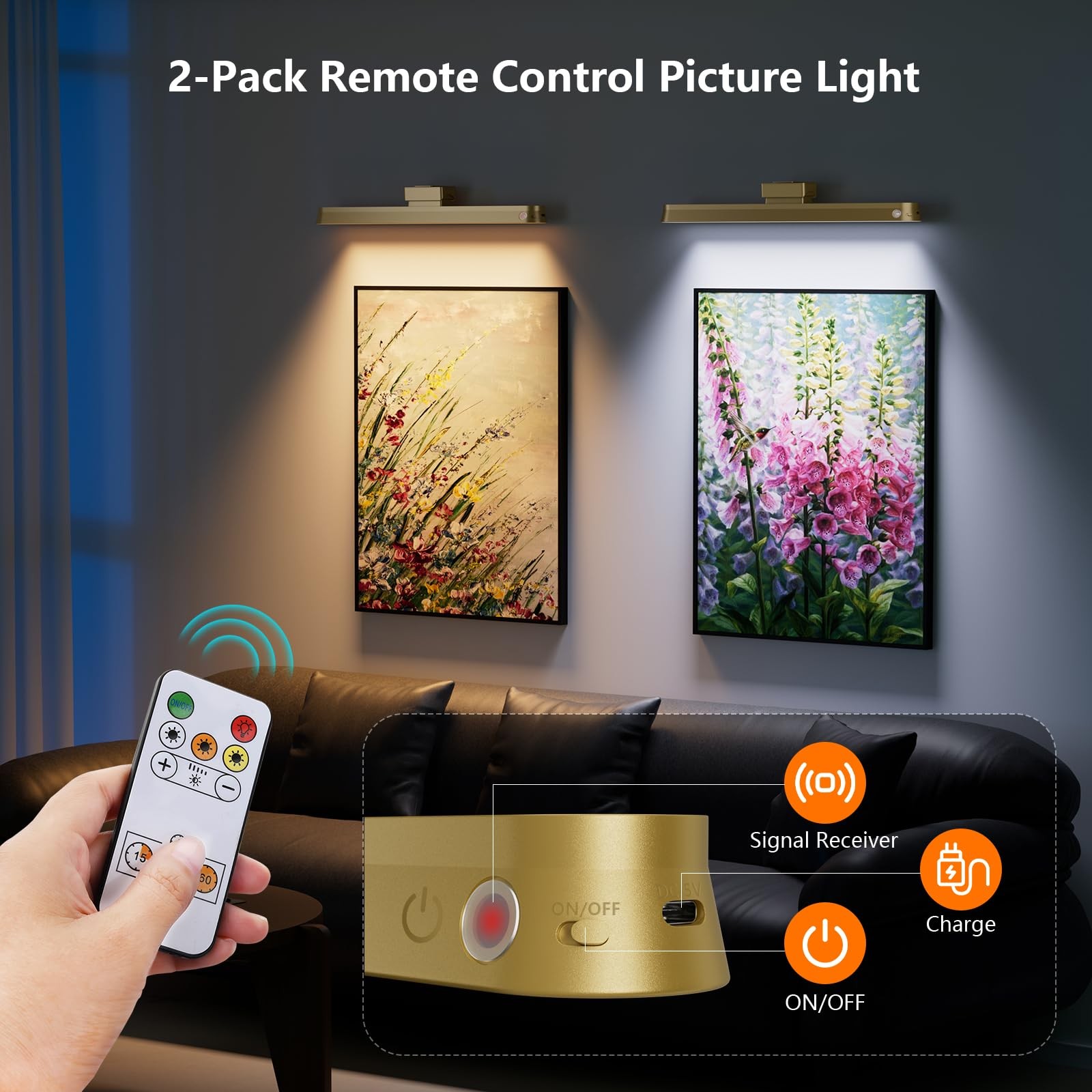 Picture Lights for Wall Battery Operated,2-Pack 16in Magnetic Rechargeable Co... gallery