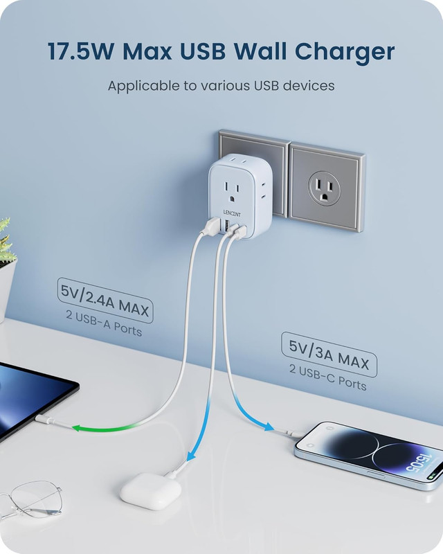 Multi Plug Outlet Extender with USB C, 4 AC Electrical Outlet Expander with 4 US gallery