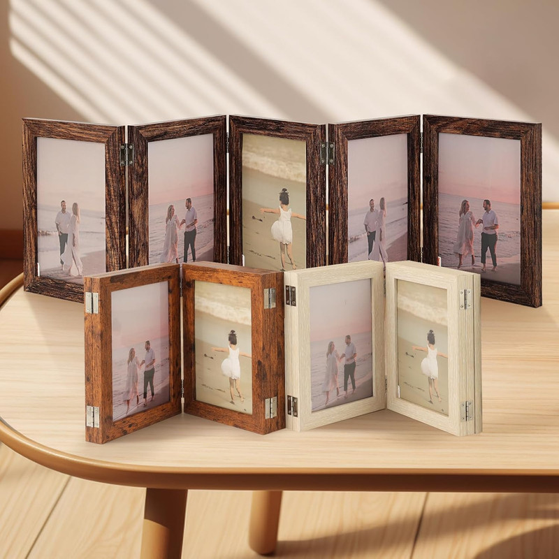 5 Folding Hinged Picture Frame 5x7 Inches Natural Wood Foldable Photo Frame with gallery