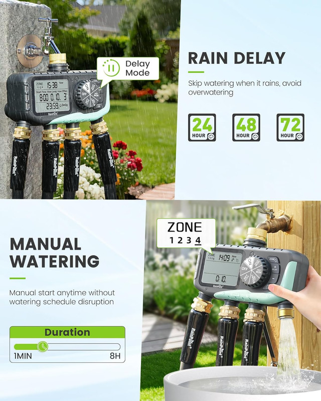 4-Zone Sprinkler Timer with Rain Delay & Automatic Watering System gallery