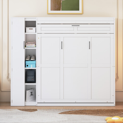 Full Queen Size Murphy Bed Wall Beds with Wardrobe Storage Shelves & LED Lights gallery
