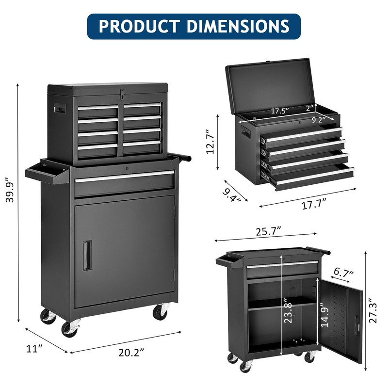 5-Drawer Rolling Tool Chest, Lockable Wheels, Detachable Top Box, Durable Metal gallery