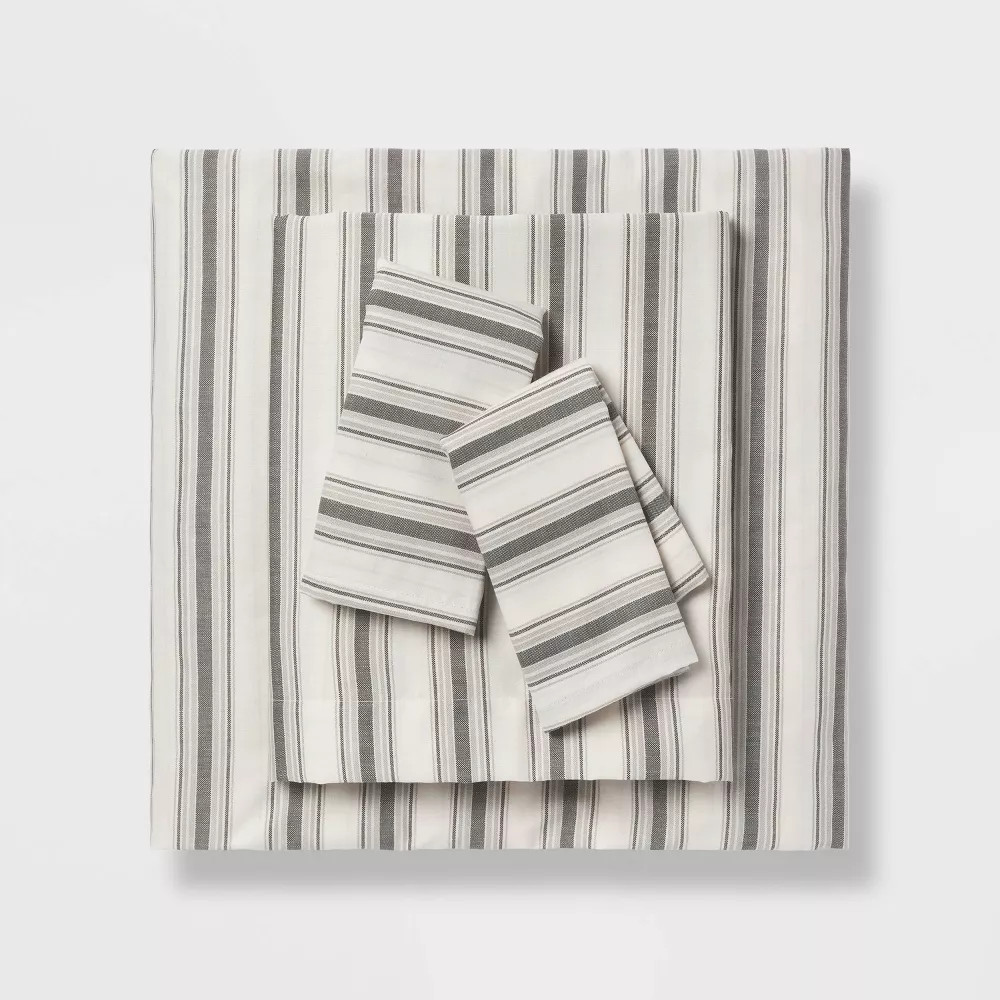 Full Cotton Blend Sateen Sheet Set Gray Textured Stripe - Room Essentials gallery