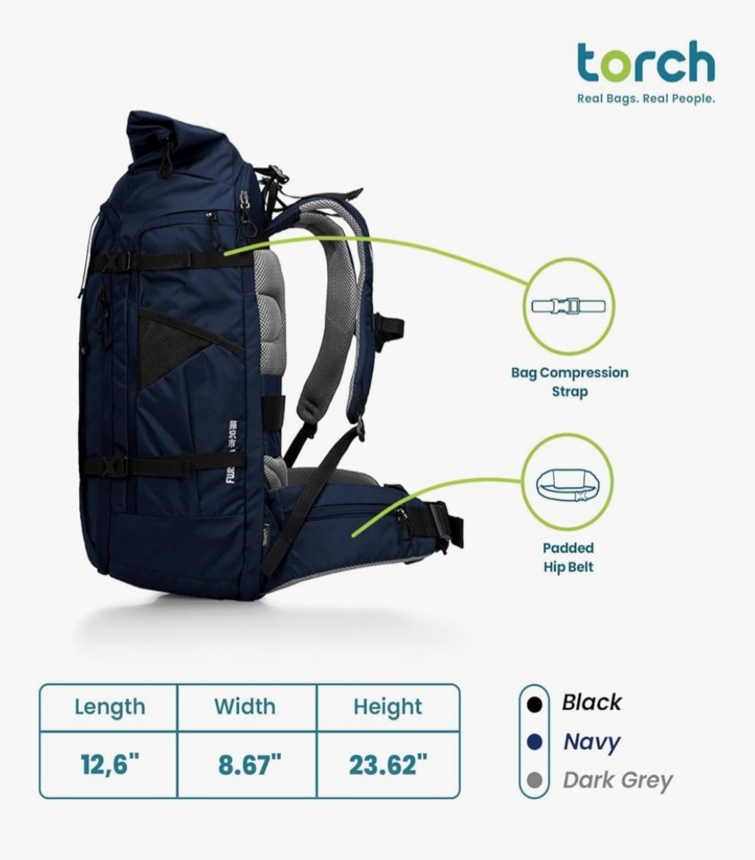 Torch 45L Black Travel Hiking Backpack 4