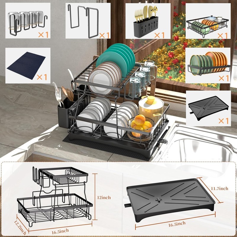 2-Tier Auto-Drain Dish Drying Rack with Mat, Knife Cup Holder, Rustproof Kitchen gallery