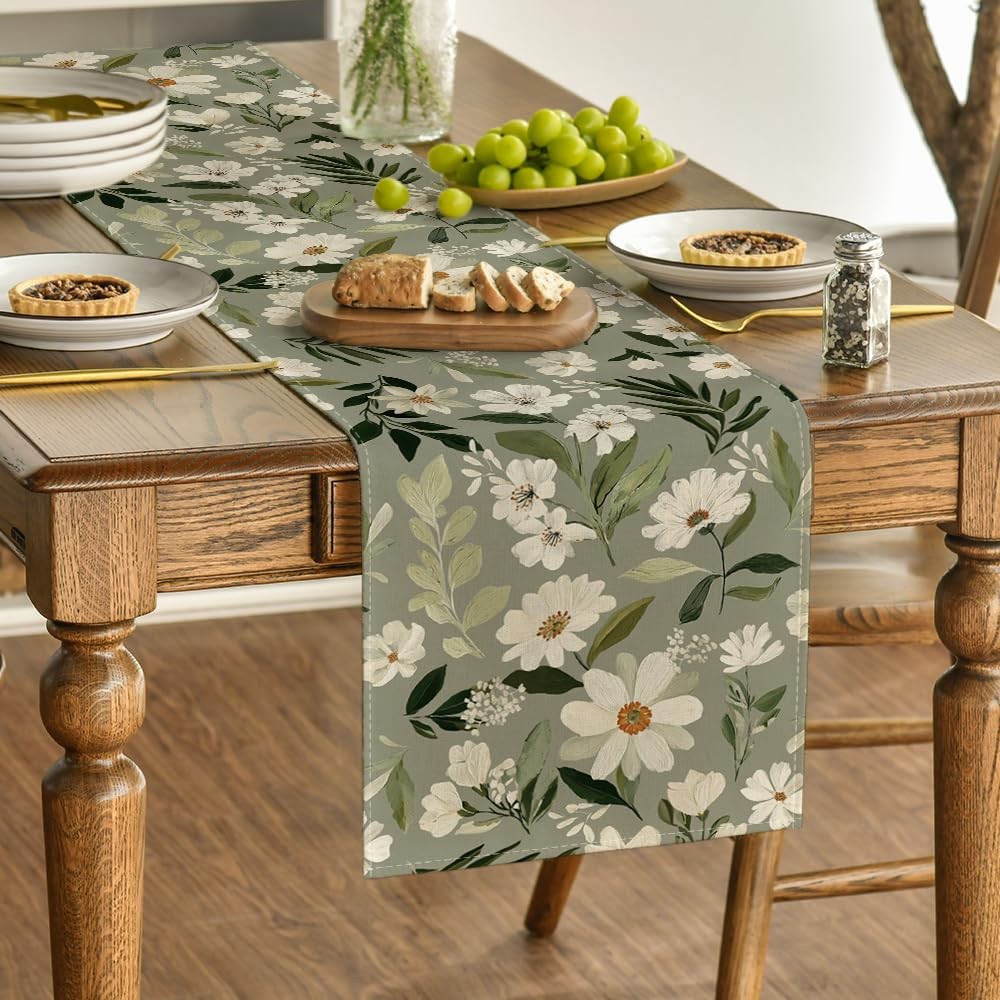 Olive Green 210 GSM 60x140 Spring Table Runner with Daisy Flowers Decorative gallery