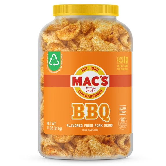 Mac's Chicharrones BBQ Flavored Pork Rinds, Pork Skins, 11 oz Canister gallery