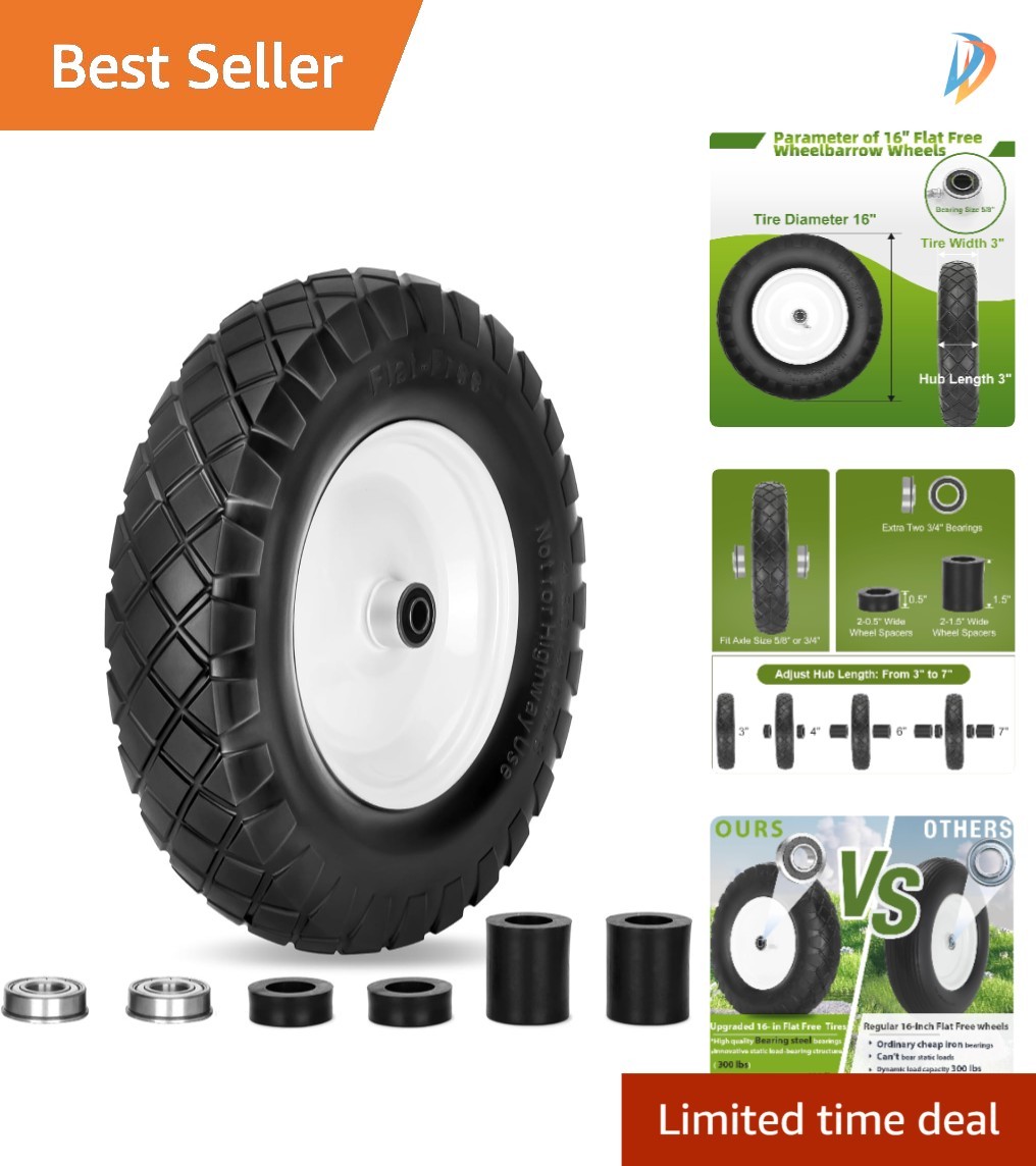 High-Performance 16" Flat Free Wheelbarrow Tires - Universal Fit, 400 lbs gallery