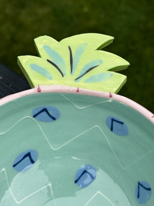 Susan Painter Pineapple Shaped Serving Dish Bowl Handpainted Vintage Green Pink gallery